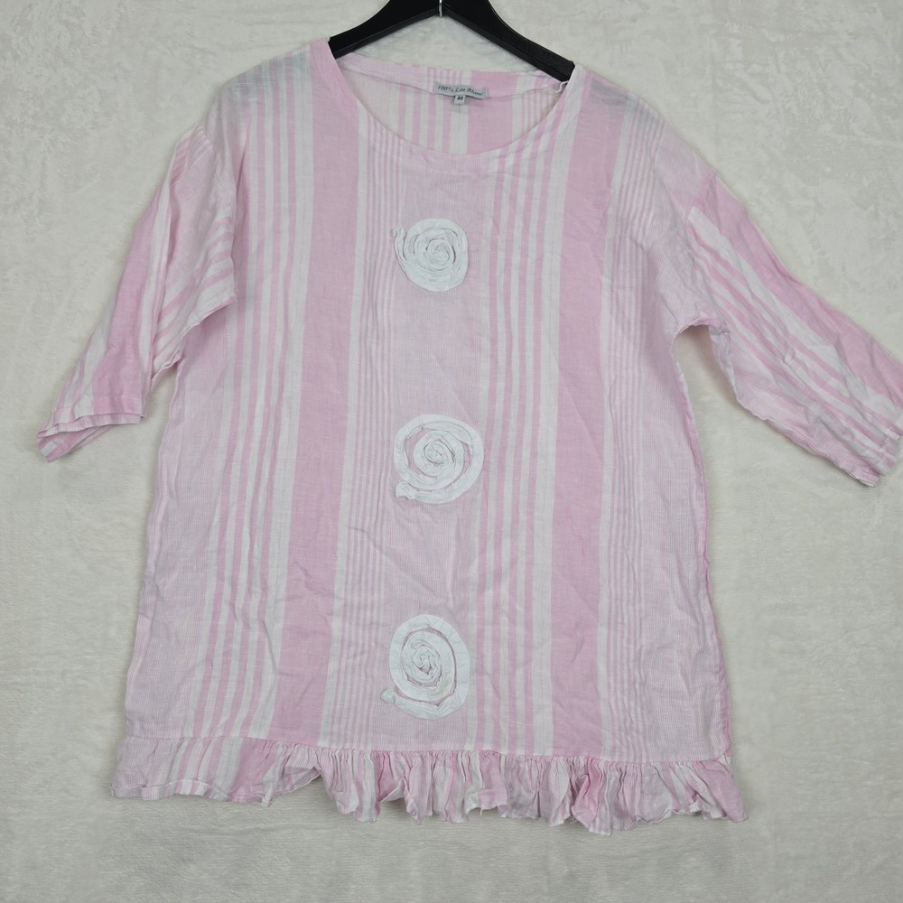 100% Lin Blanc Pink White Striped Linen Tunic Top Rosette Ruffle Hem Size 40